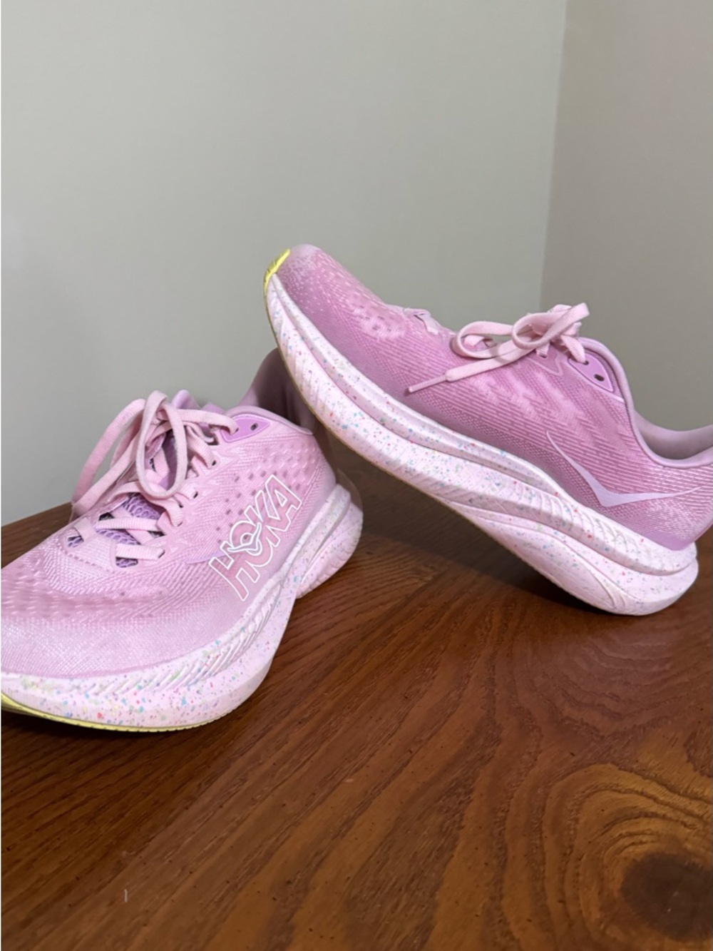 Hoka One One Women's Pastel Pink Running Sneakers with confetti sole